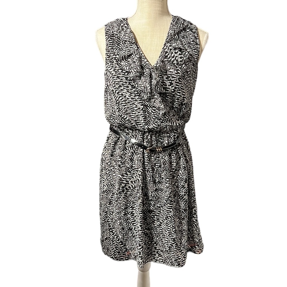 AB Studio Sleeveless Above Knee Mini Midi Dress Black White Ruffles Womens S